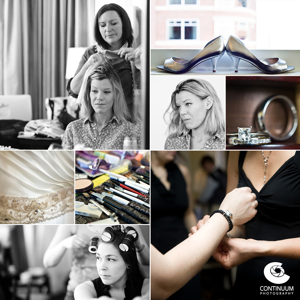 Wedding ring photos, silver bridal shoes, and bridal hair and make-up photographs taken at Portland Hotel Vintage Plaza.