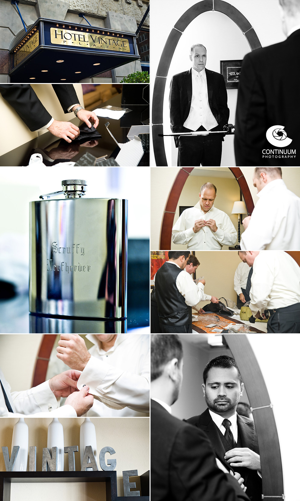 Groom gets dress with groomsmen in his luxury suite at the Vintage Plaza Hotel in Portland, OR.  Photos of custom engraved flasks that were groomsmen gifts.