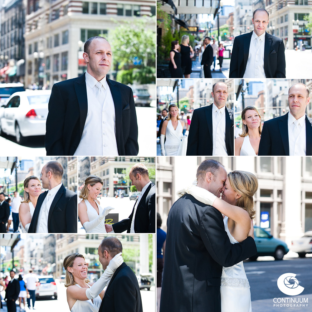 Wedding first look photos of the bride and groom seeing each other for the first time on Portland