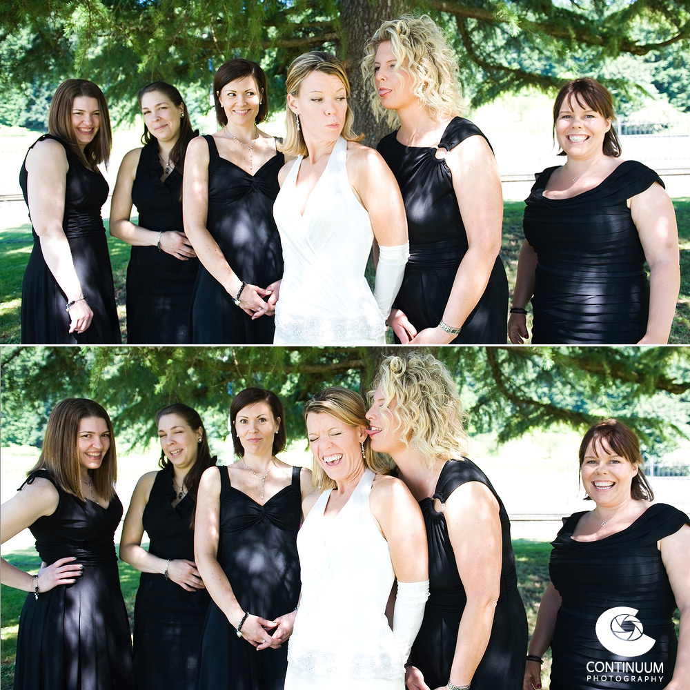 Silly bride and bridesmaid photos taken at Mount Tabor Park.