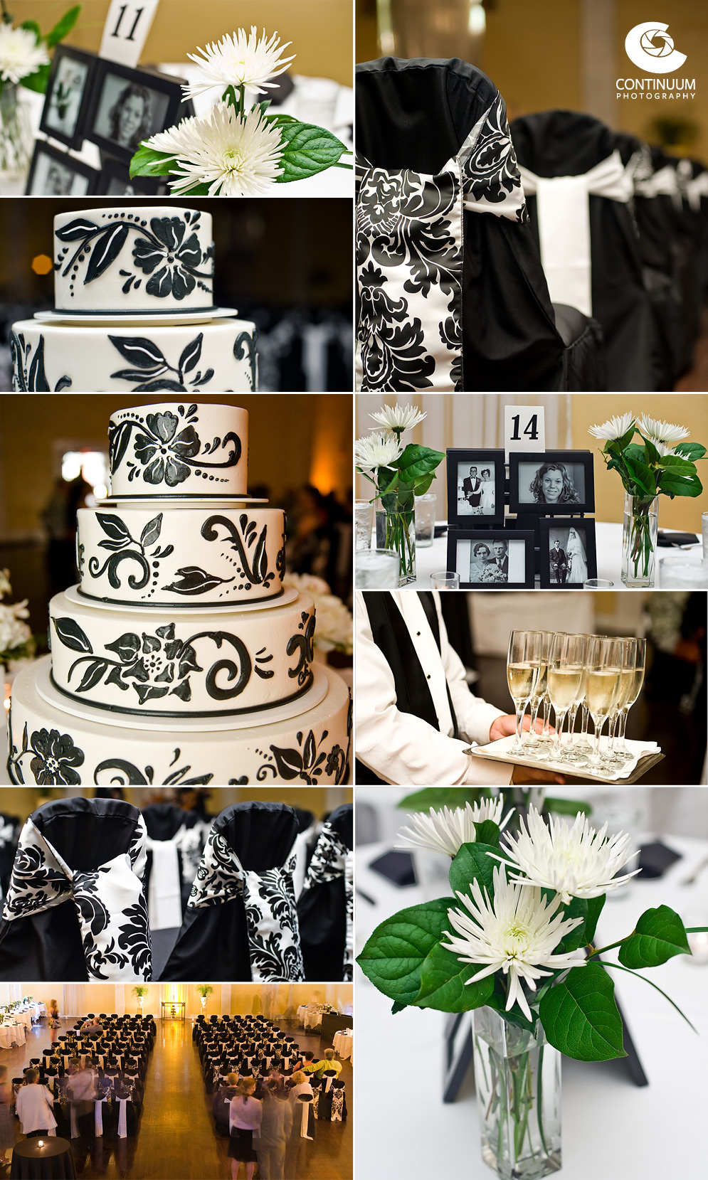 Black and White damask wedding decor for the ceremony and reception held at the Acadian Ballroom in Portland