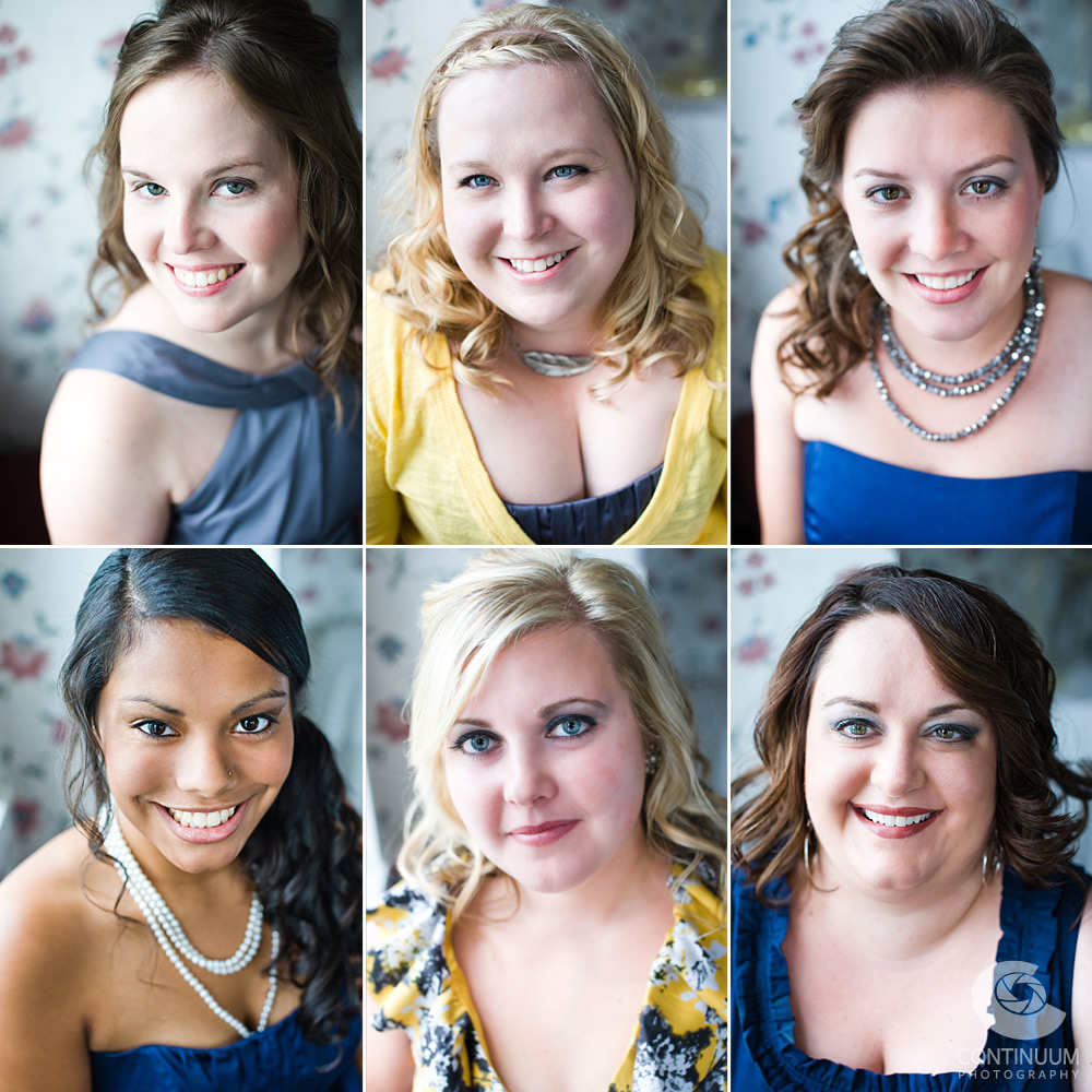 Portraits of bridesmaids each in distinctive dresses with blue and yellow color scheme.