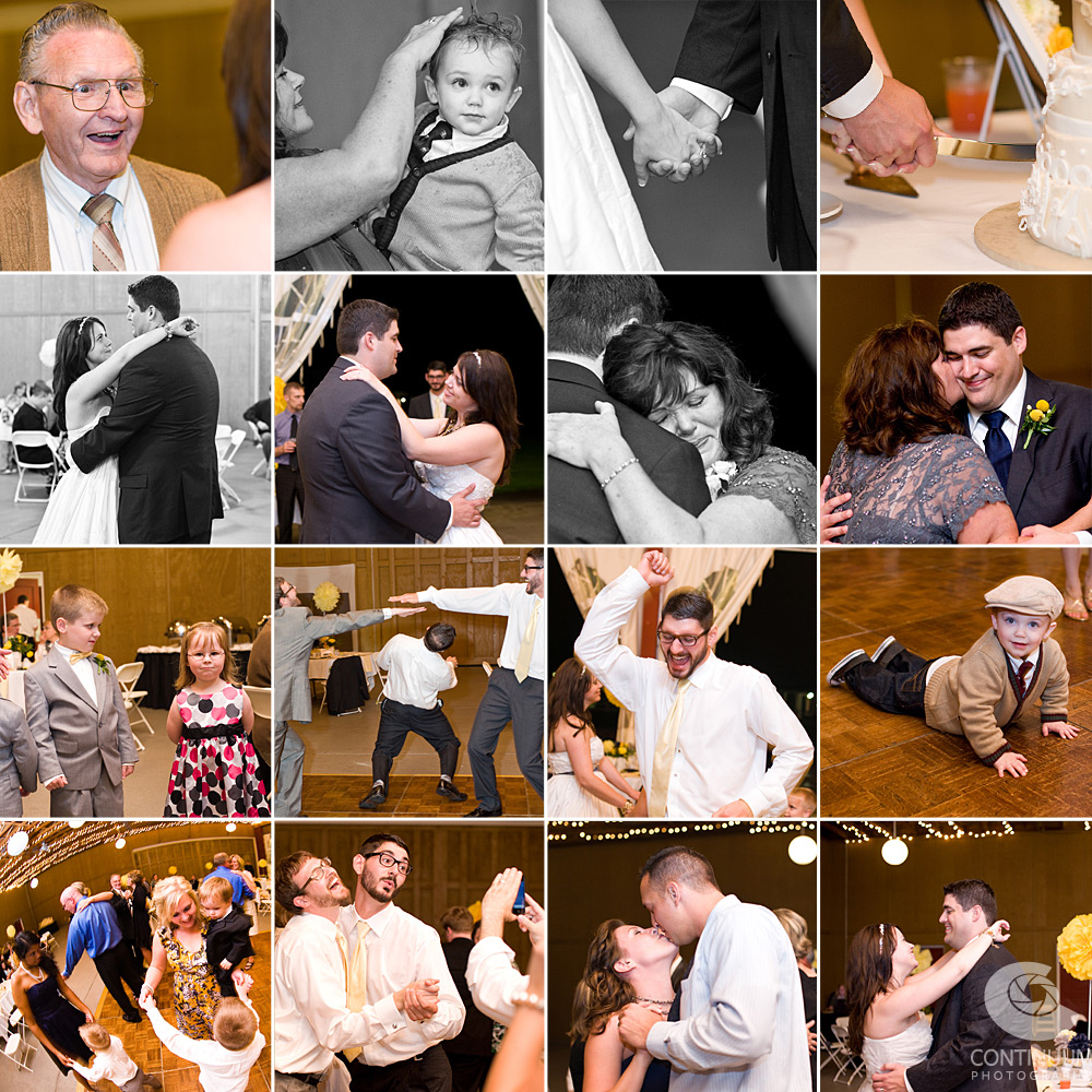 Happy weddings guests at Langdon Farms wedding reception inside barn.