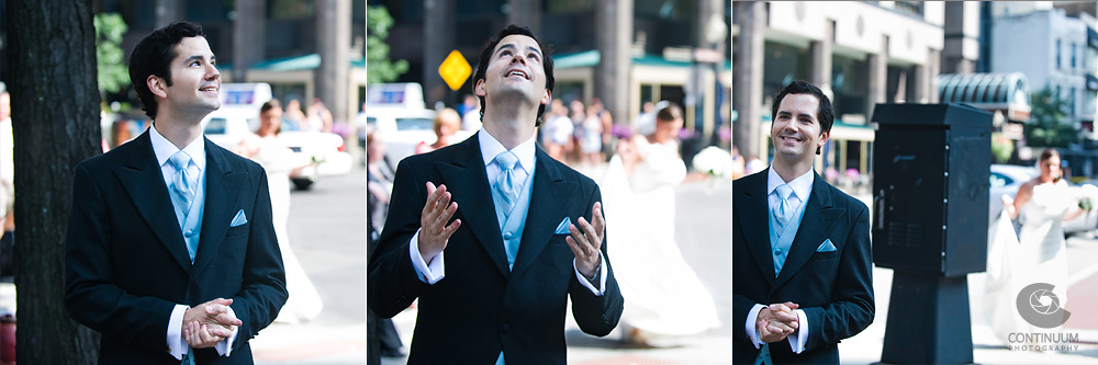 a wedding first look on the streets of chicago