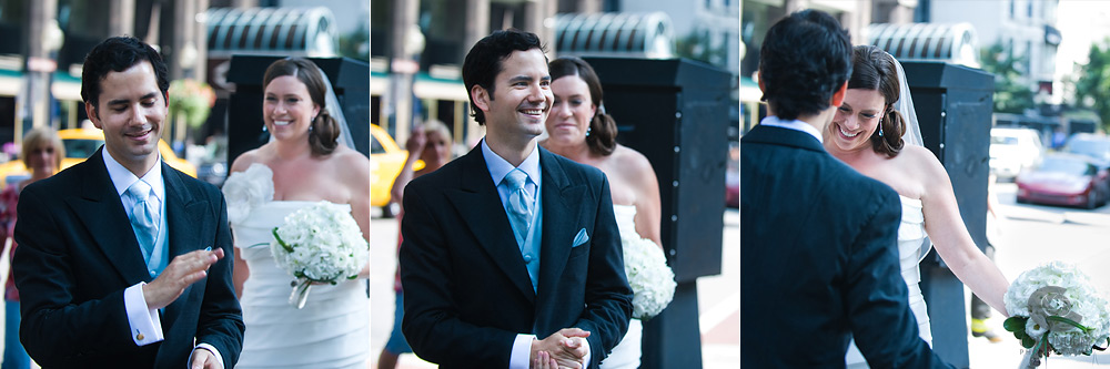 a wedding first look outside the Sutton Place Hotel