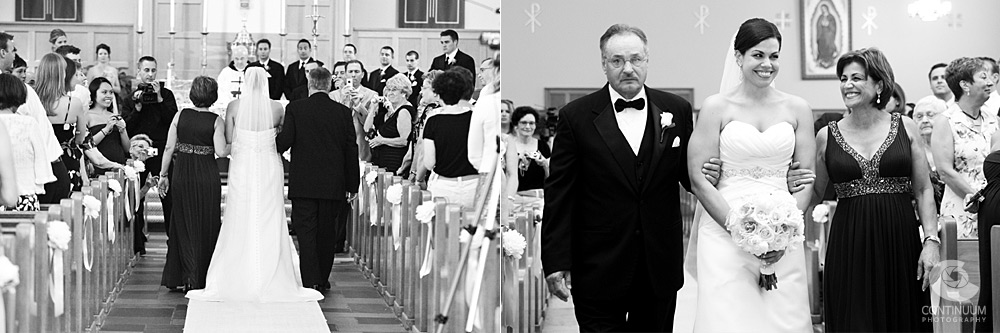 parents walk bride down the aisle of st daniel the prophet church