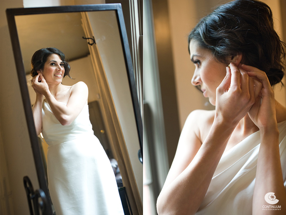 bride adjusting her English Department wedding dress